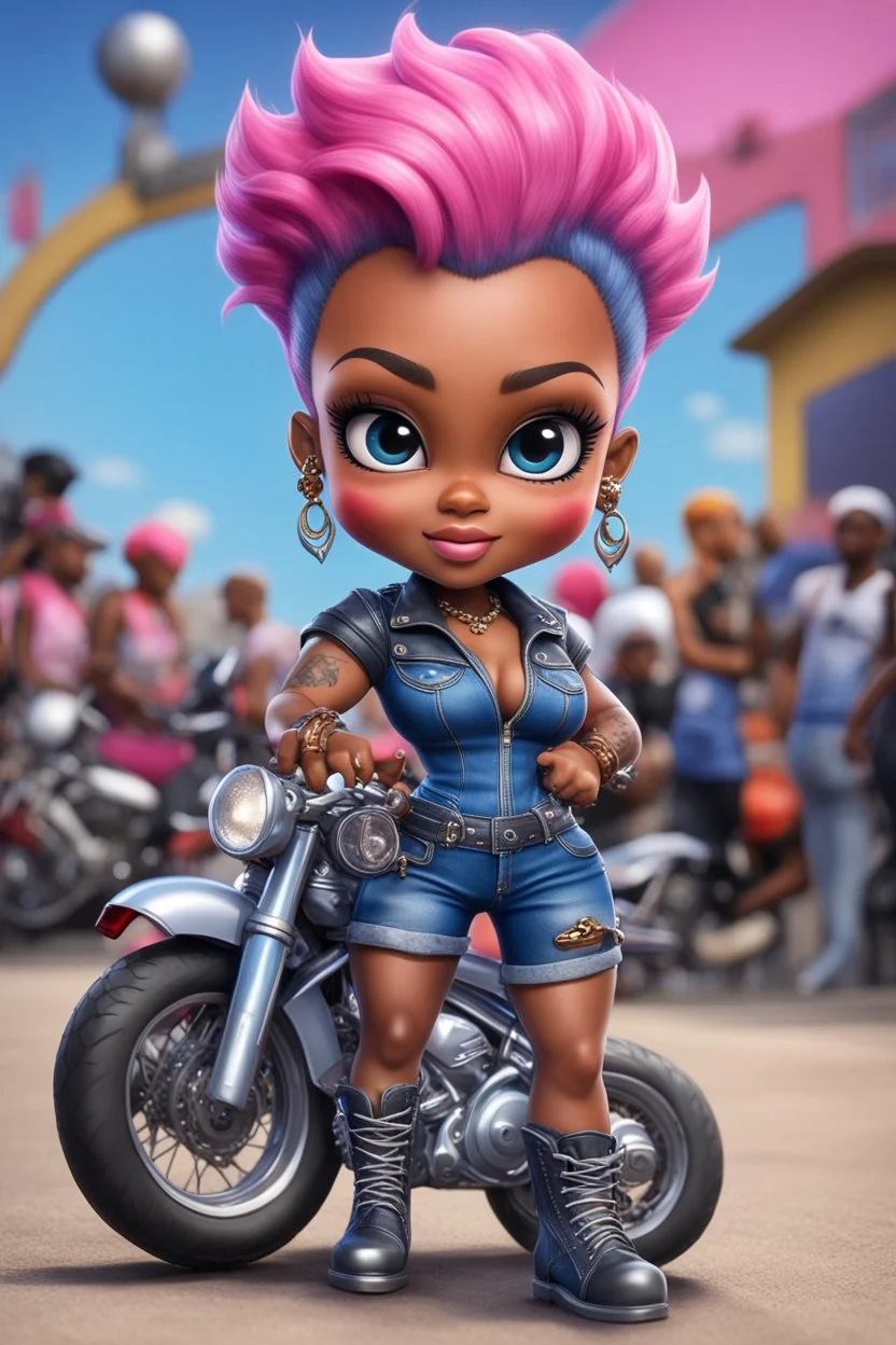 airbrush illustration of the chibi cartoon character, a voluptuous black female in a blue jean outfit with biker boots. Her prominent makeup and hazel eyes, along with her detailed pink pixie haircut, are featured in this image, set against the background of a lively bike show.