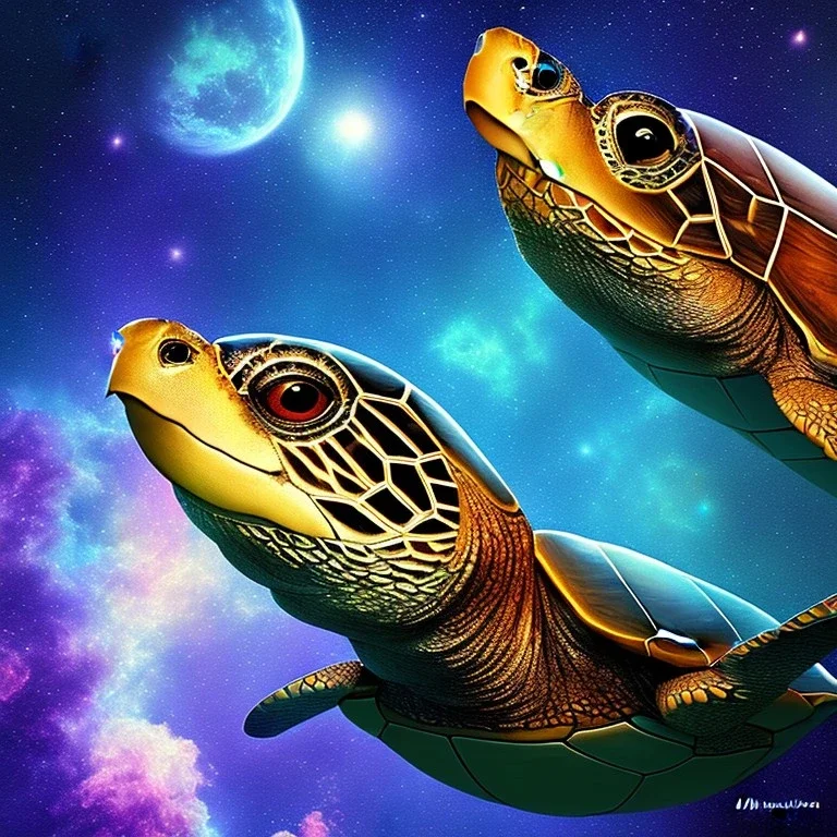 Digital art of a wise turtle, background = galaxy, stationary,