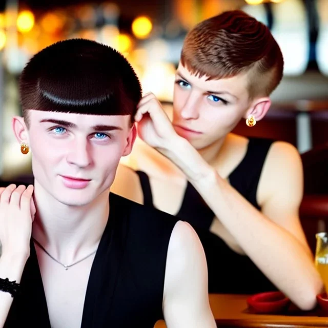 Russian guy student boy boyish boylike short man's haircut men's face boyish features female figure in black girlish lacy cocktail dress earrings in restaurant