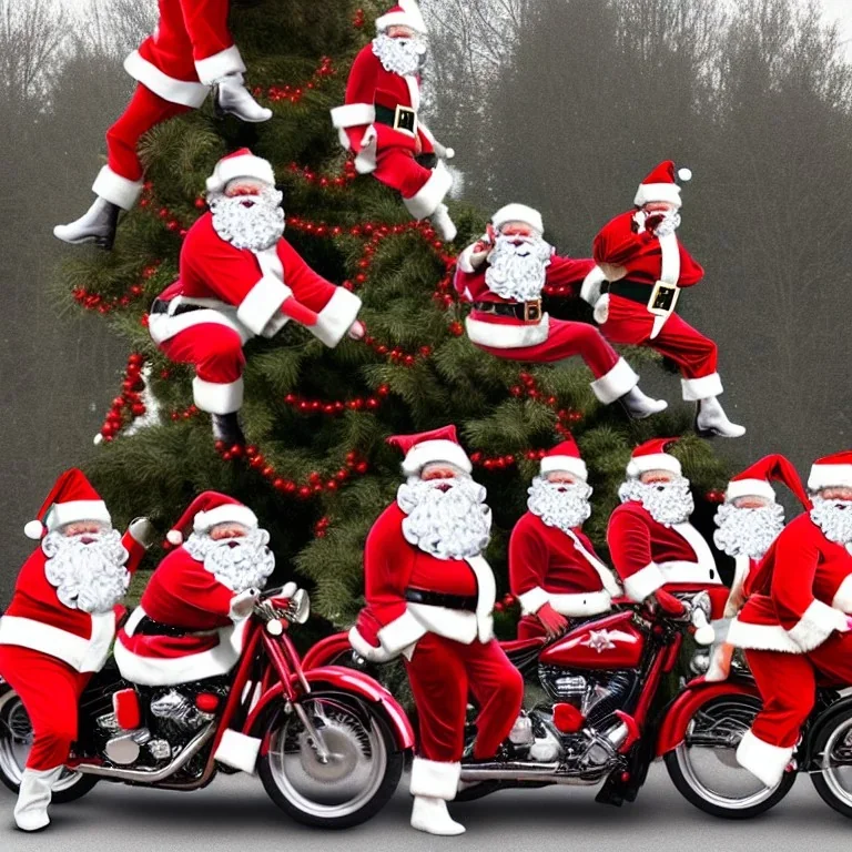 multiple santas driving a motorcycle arround christmass tree