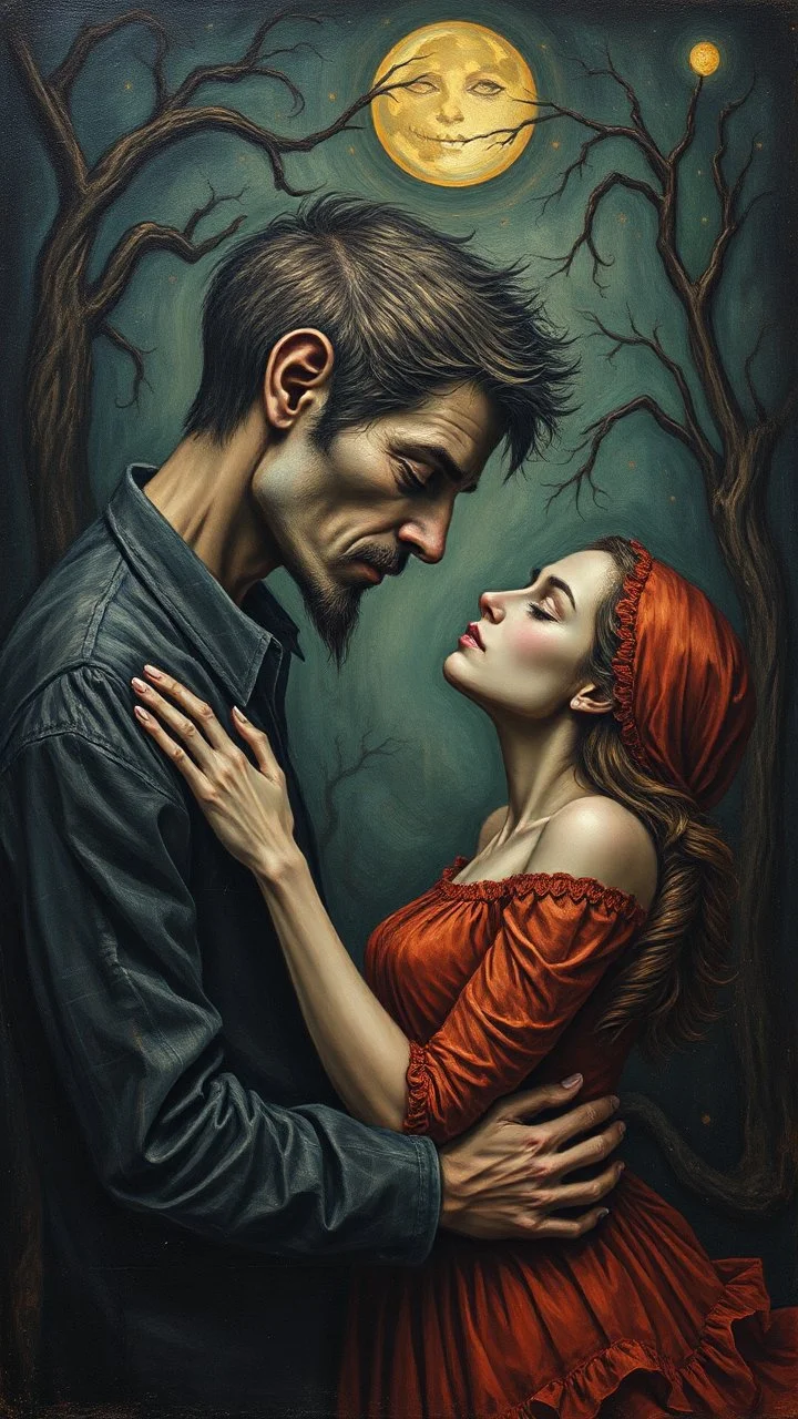 Bosch painting style, nightmare, a man and a woman are deeply in love