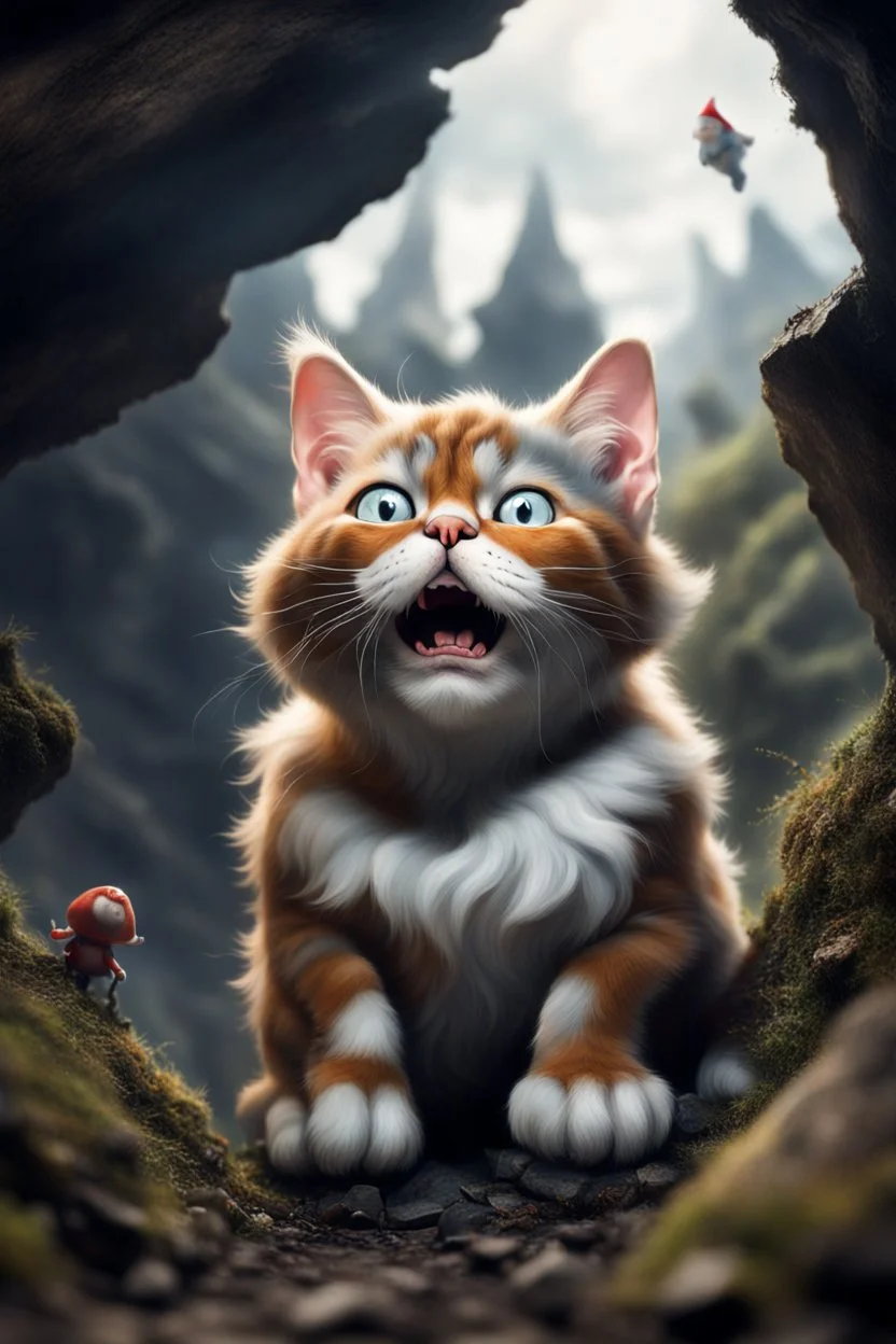 big scary cat seen from the below the ground, a tiny gnome hiding