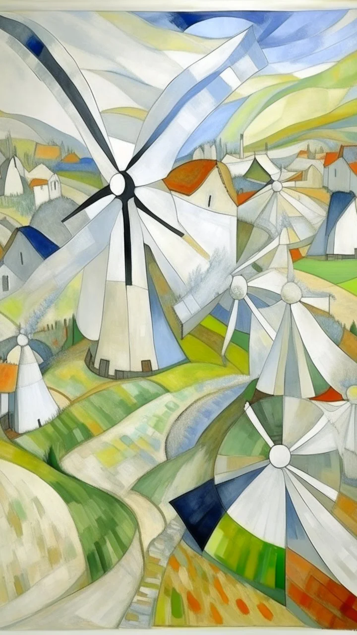 A white village with windmills painted by Raymond Duchamp-Villon