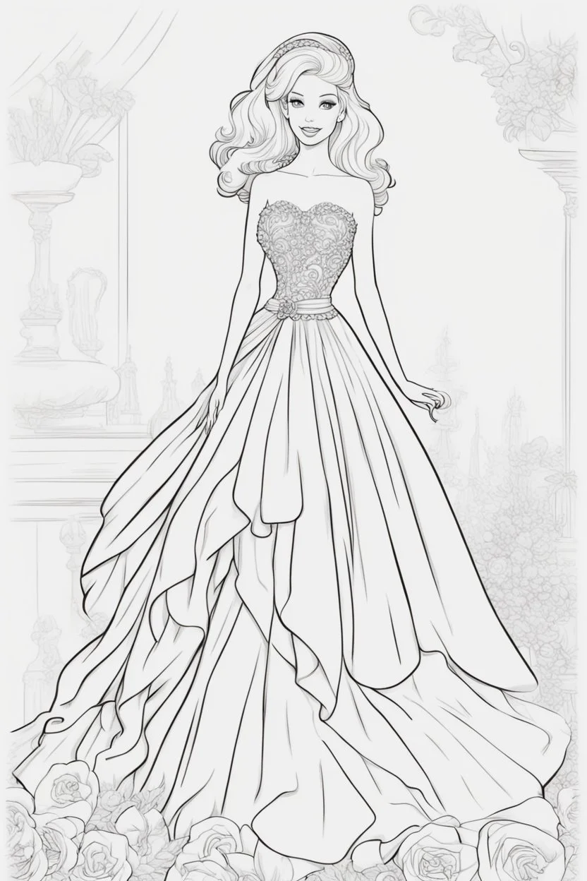 outline art for kids barbie coloring pages with barbie , no gowns, no background, sketch style, full body, only use outline, mandala style, clean line art, white background, no shadows and clear and well outlined. should look exactly like barbie