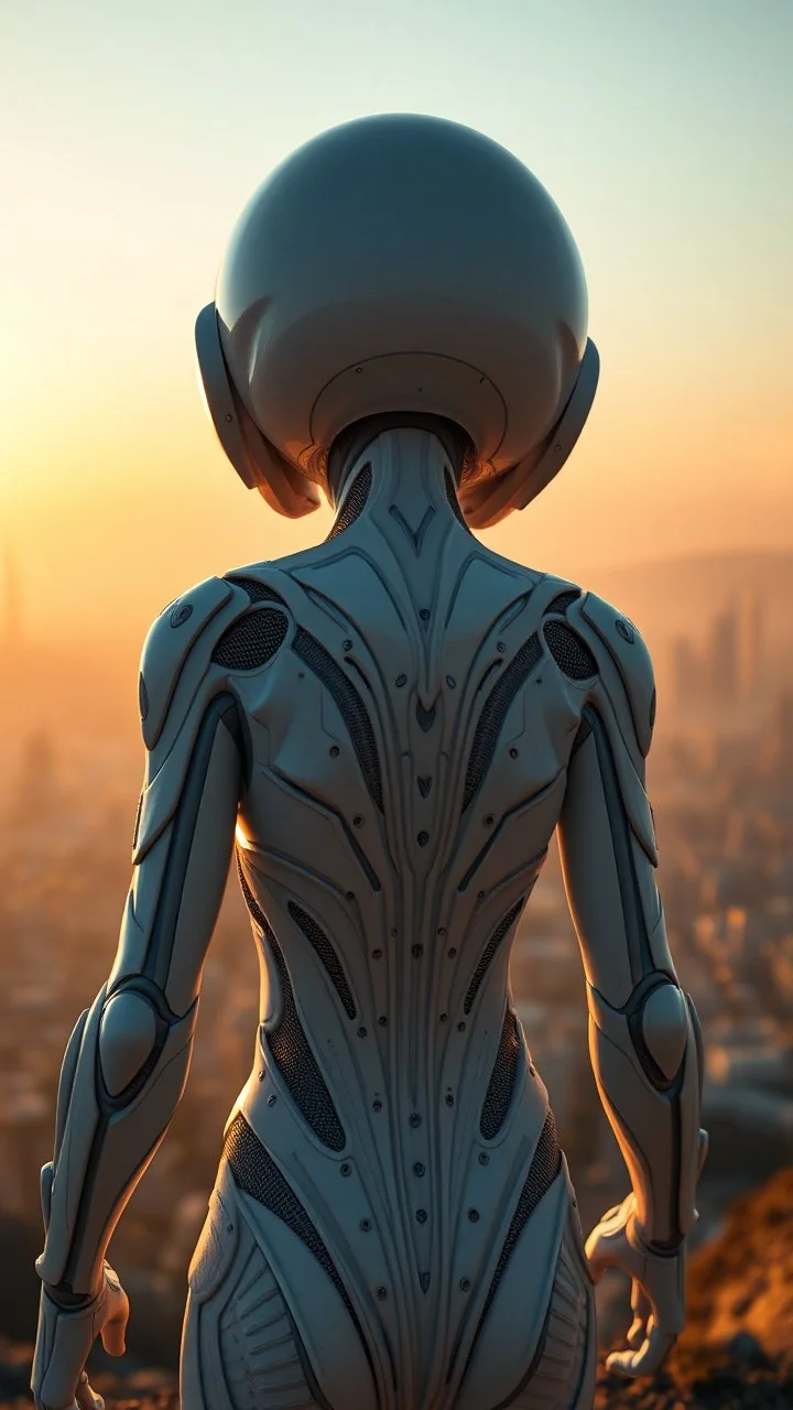 Photoreal Gorgeous godlike white alien cyborg rear view looking over a futuristic nuclear distraction of a city on the horizon in mystical haze at golden hour , otherworldly creature, in the style of fantasy movies, photorealistic, bokeh masterpiece smooth shading, ultra detailed, high resolution, cinematic, unreal 6, subtle shadows, octane render, 8k, cinema 4d, HDR, dust effect, vivid colors