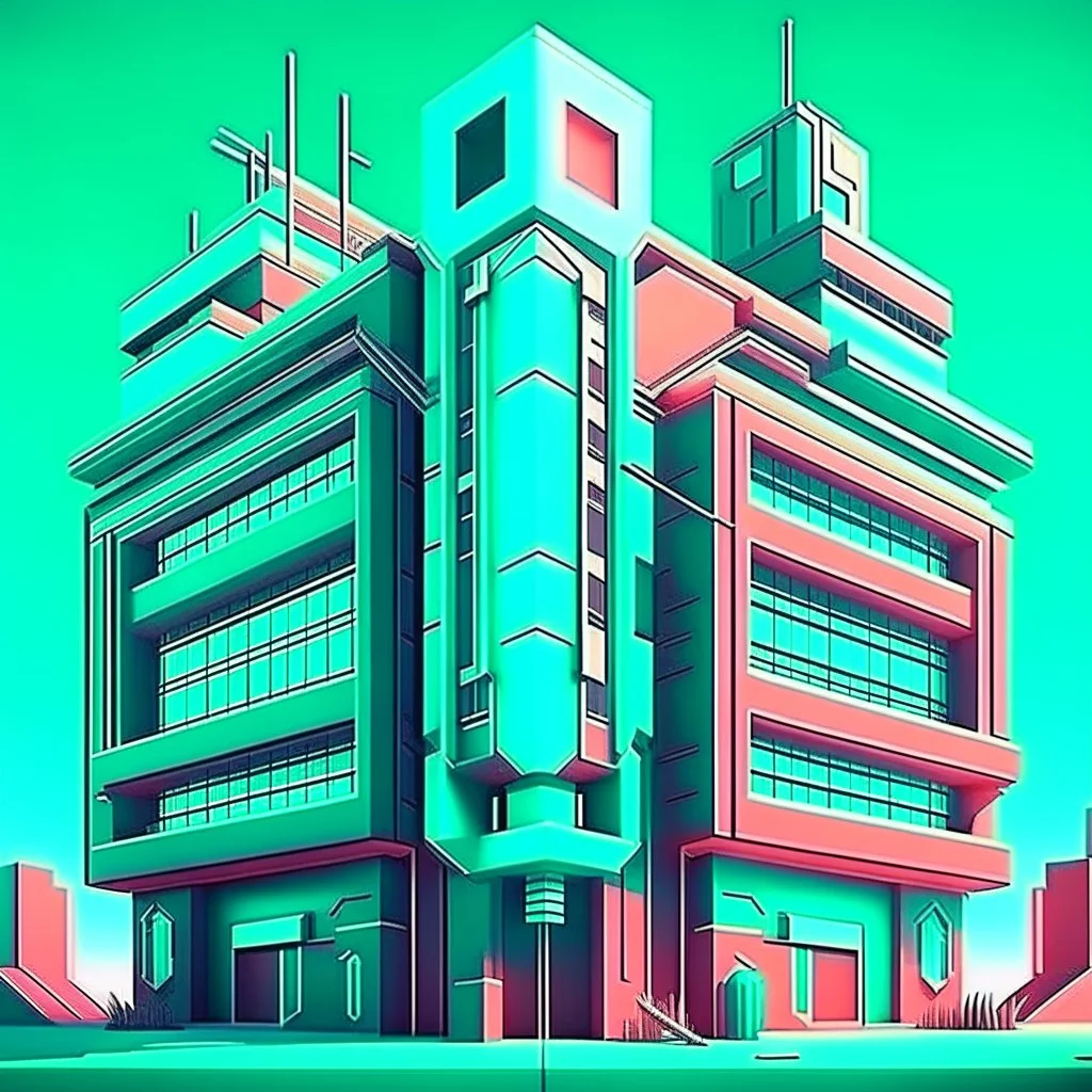 cyberpunk retro futuristic hospital building with cross sign for comics