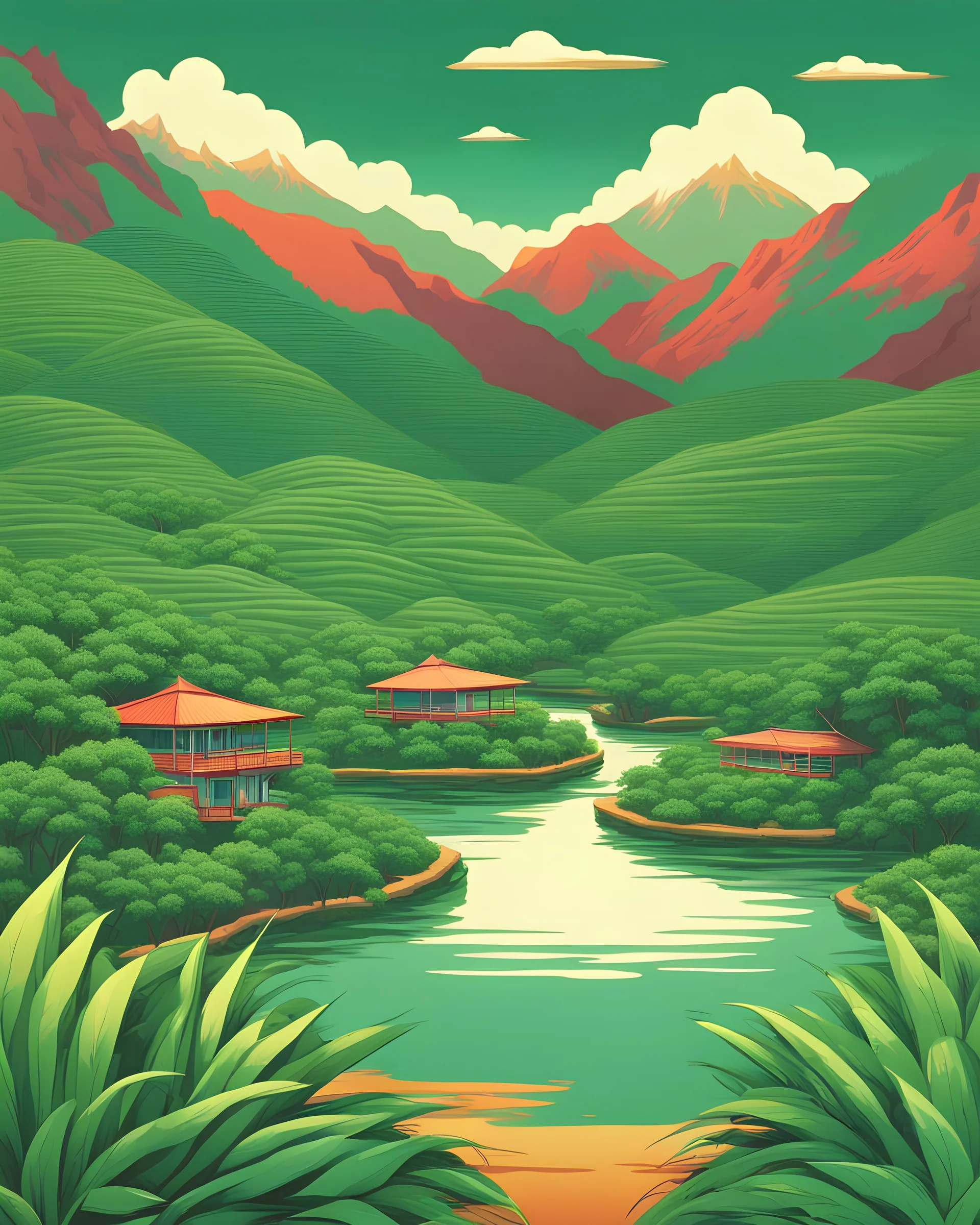 tropical tea plantations, mountains, trees, in the style of poster art, hyper-detailed, richly colored in white background, retro style illustration