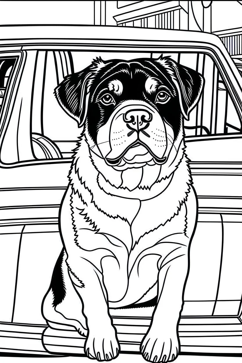 outline art for real Rottweiler DOGS-IN-CARS Coloring page, Japanese manga style, cartoon style, cute face, white background sketch style, full body is a must, only use outline, clean line art, no shadow, bold outlineMasterpiece, Ominous, Golden Ratio, Highly Detailed, photo, poster, fashion, illustration