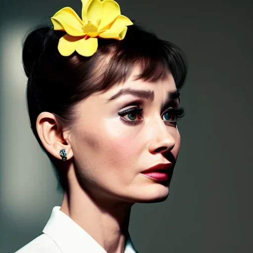 Audrey Hepburn with yellow flowers for hair, face detailed, closed eyes, rtx, reflection, 8k, glow, winning photography, caustics