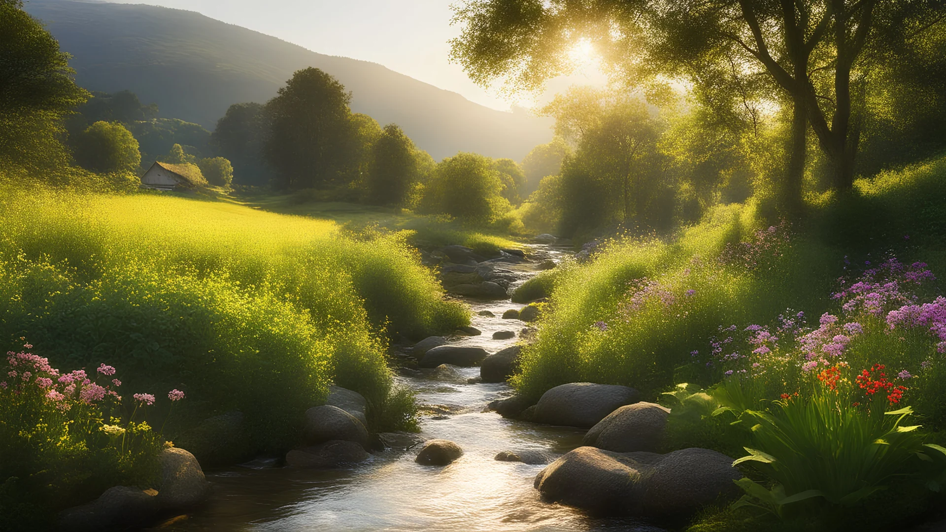 Beautiful realistic rural landscape, warm sunshine, lush plant growth, flowers, human habitation, brook, peaceful, delightful, idyll, award-winning photograph, detail, beautiful composition, attractive colour, chiaroscuro