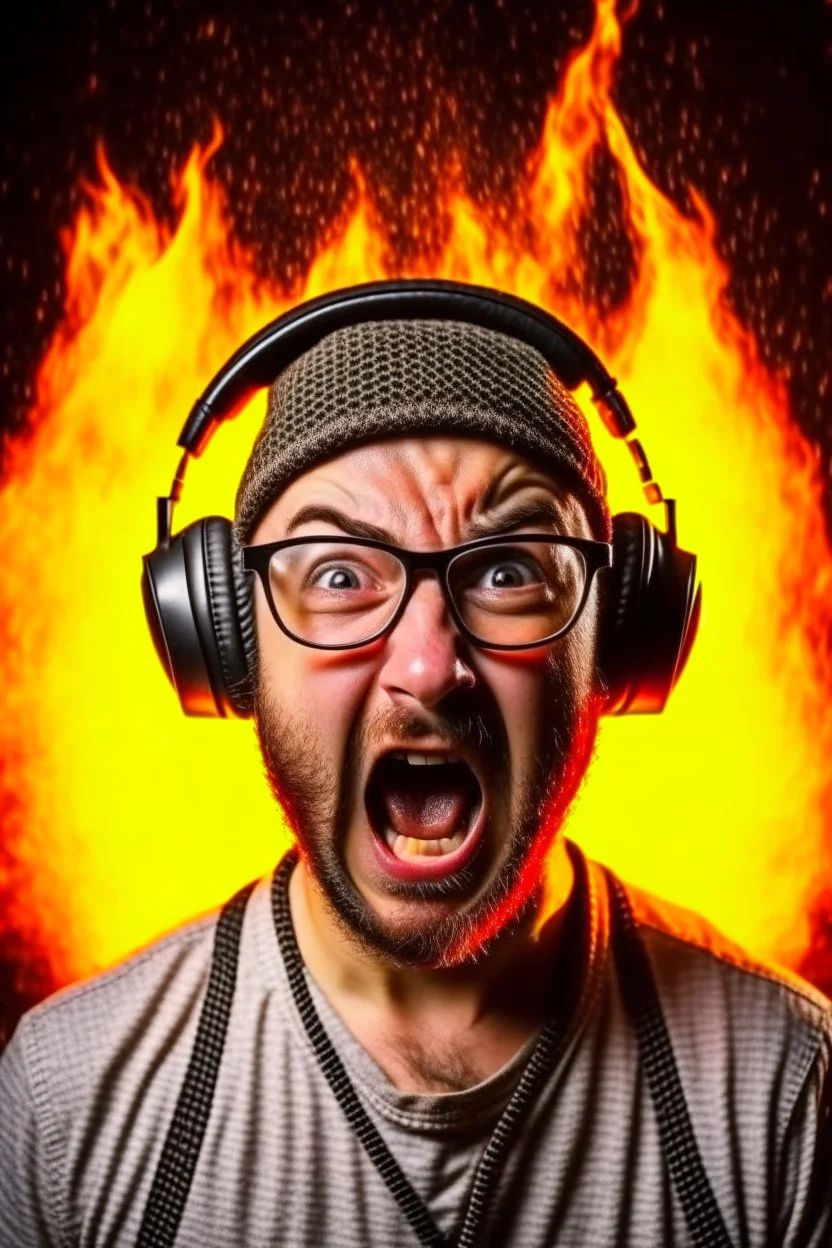 Portrait of a man with a radio helmet on his head. Wearing glasses. A small beard pepper and salt. He is bald. White race. He is a metal fan and screams. Flames surround him.