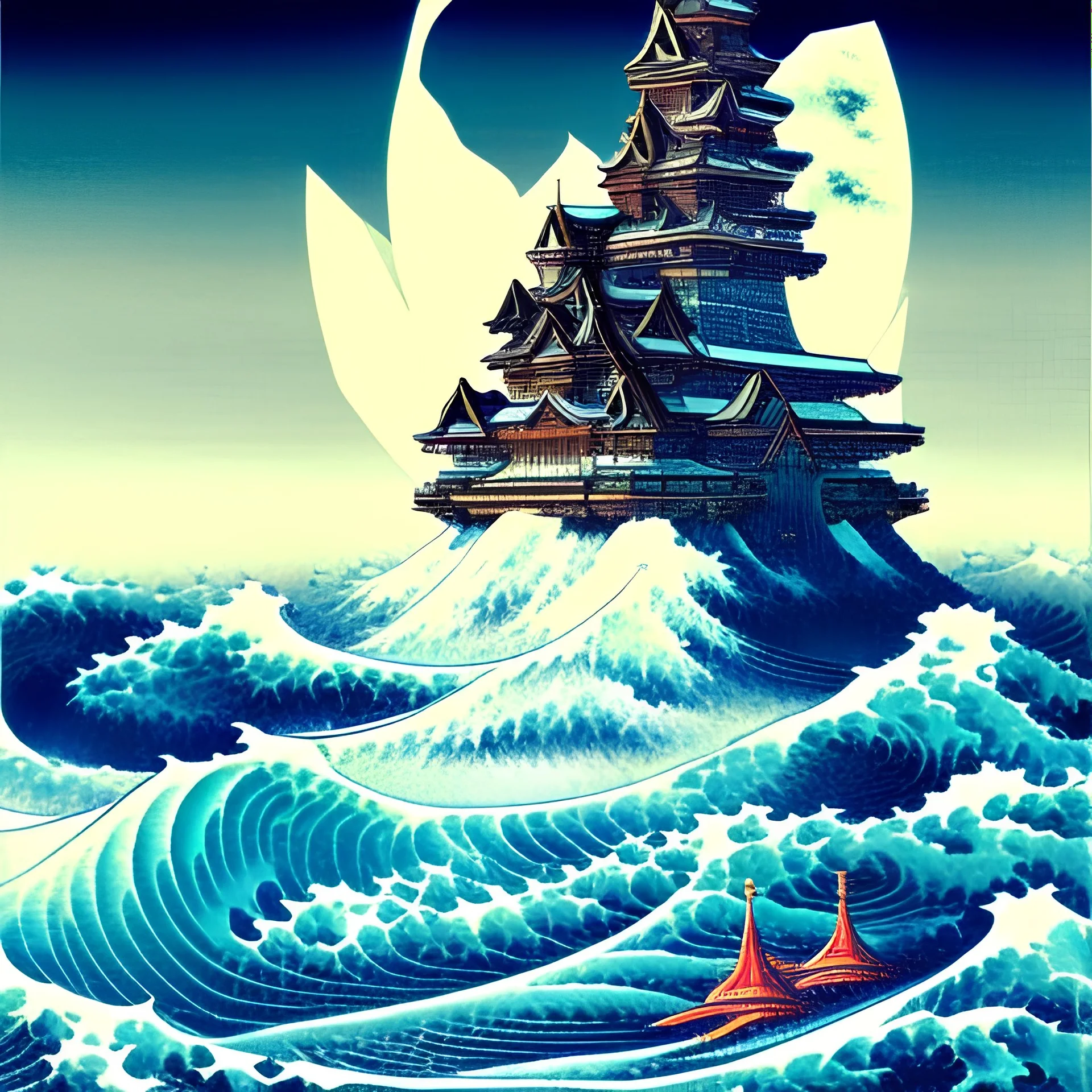 kanagawas wave with modern towers and high buidings in the background by Hokusai, origami style, paper cut style