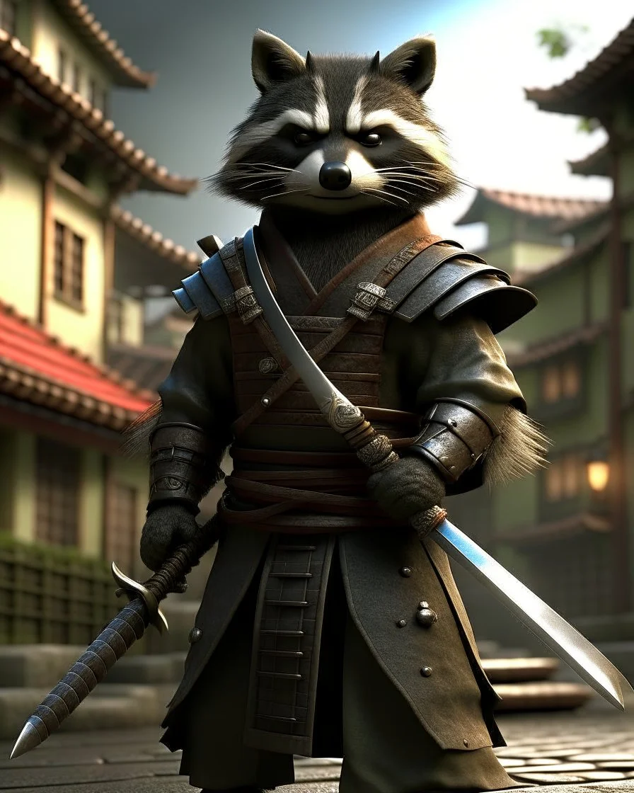 raccoon as a samurai, realistic, 1 katana, city, ready for battle