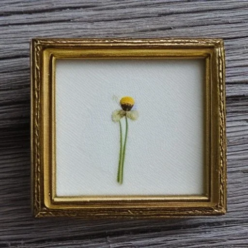 tiny oil painting of single long stem pressed flower, tiny white canvas, tiny modern frame, melancholy, tender, moody, vintage, delicate arrangement, beautiful composition, etsy, aesthetic layout, plain solid white background