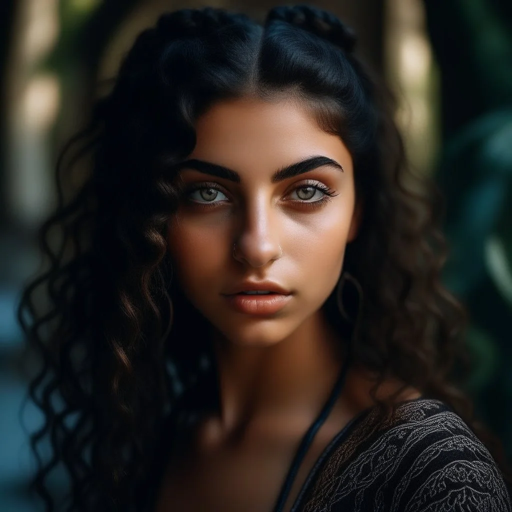 (Masterpiece) 19 year old beautiful (ultra detailed face, intricately detailed eyes) Arab model with black, (intricately braided) wavy hair and a bathing suit. She Emphasizes glamor photography. Explore poses,. Shot with a Canon EOS R5, Fujifilm Velvia 50 film, best quality, 8k, symmetry, trending on behance