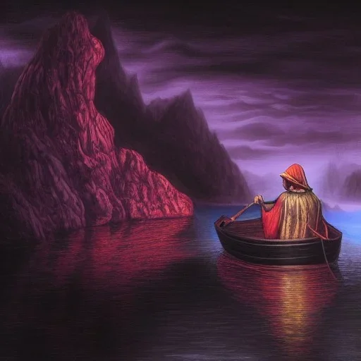 Charon the ferryman in his boat on the river Styx, red black purple colours, 8k, high definition, fantasy art, winding river, sharp jagged rocks, high contrast colours, sharp colours