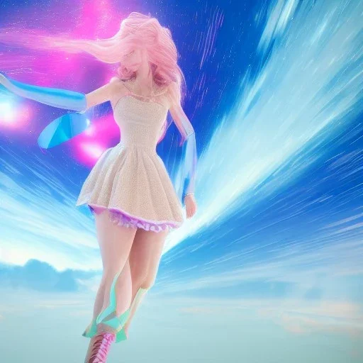 Full body with legs and feet white woman with legs, long blond hair, blue eyes, pink and blue dress in a galactic ambiance, delicate colors in the foreground, full of face details, smooth, light effect，vaporwave colorful, smooth, extremely sharp detail, finely tuned detail, ultra high definition, 8 k, unreal engine 5, ultra sharp focus