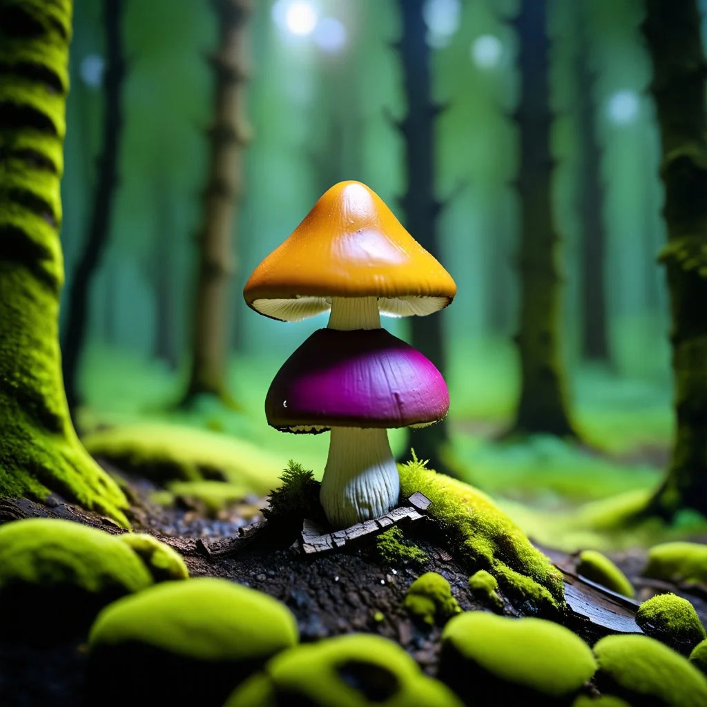 "Close up of a wonderful tiny Mushroom Tower home. Orange and yellow with bright white, deep black and contrasting tones of gray magenta and violet colors. Illuminated bioluminescent forest. Professional painter, master at composition. small but detailed. broken, blurred background, voluminous lighting"