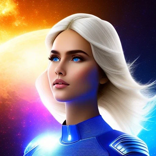 fae,detailed gorgeous front face, straight blond long hair, perfect eyes, round pupil ,smiling regard, leugting, beautiful light blue full suit, space stars,blue sky,blue light ,crystals , metallic, galactic, contact, futuristic, spaceship, 16k resolution, sunrise light,ligh neon,cinematic lighting smooth,atmospheric, realistic, unreal engine 5, octane render, full head and body