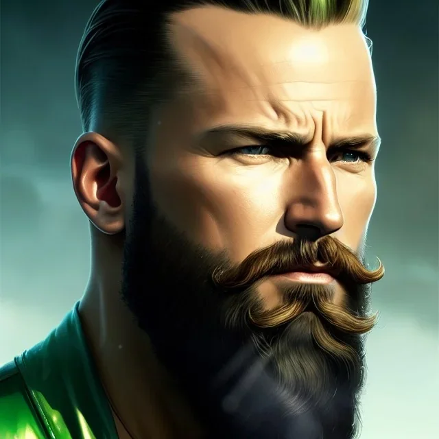 "MIddle aged white human male, with a trimmed but uneven beard, piercing green eyes with slick back hair,complete head and shoulders portrait, 8k resolution concept art portrait by Greg Rutkowski, Artgerm, WLOP, Alphonse Mucha dynamic lighting hyperdetailed intricately detailed Splash art trending on Artstation triadic colors Unreal Engine 5 volumetric lighting Splash art fantasy"