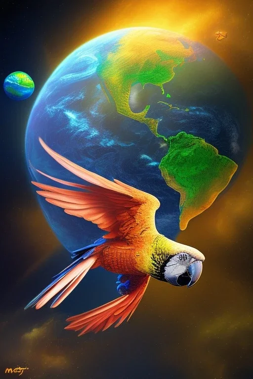 Parrot is flying in the space and is holding the earth in his claws. Surrealism.