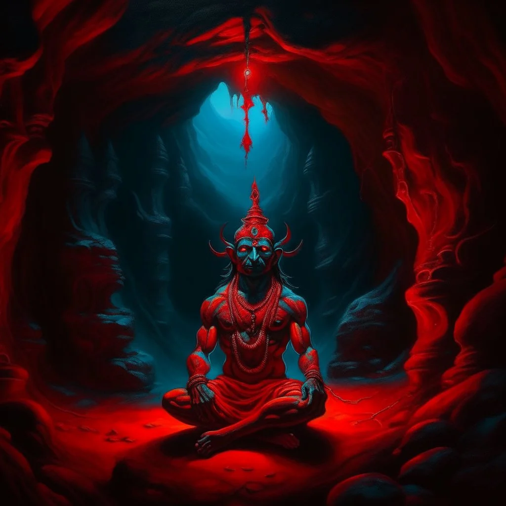 An oil painting of Hindu god YAMA in a cave, neon red colors, high detail, dark vibe