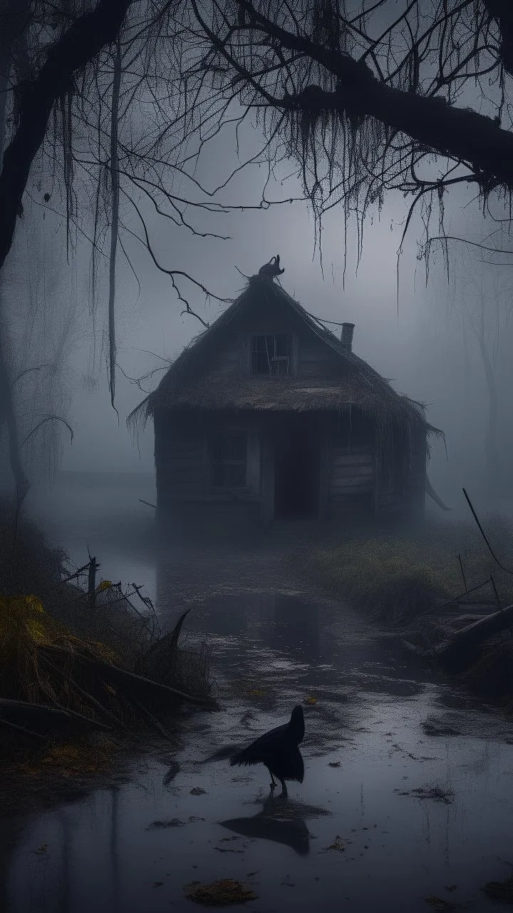 A swamp surrounded by bamboos long trees in cloudy, depressing, foggy, with a dim of light in the distance , there.is an abandoned cottage covered with leaves. A close look of strange scary creature sitting outside the cottage and black crows