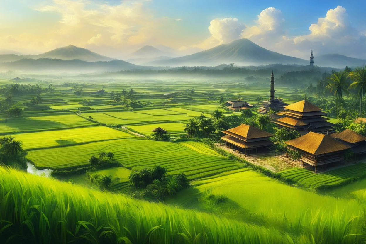 Beautiful Digital Painting art Landscape Indonesia village and islamic Mosque,surrounded rice paddy fields