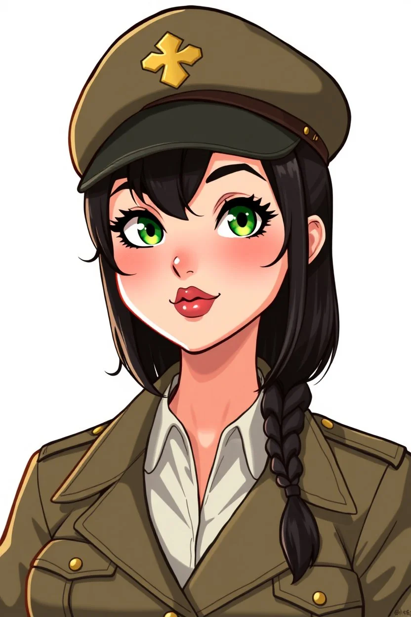 In a realistic, non-anime, vintage cartoon style: Bust shot of 35-year old, chubby Scandinavian dark-haired lady with green eyes and very thick lips who looks hot in modern military uniform with a beret
