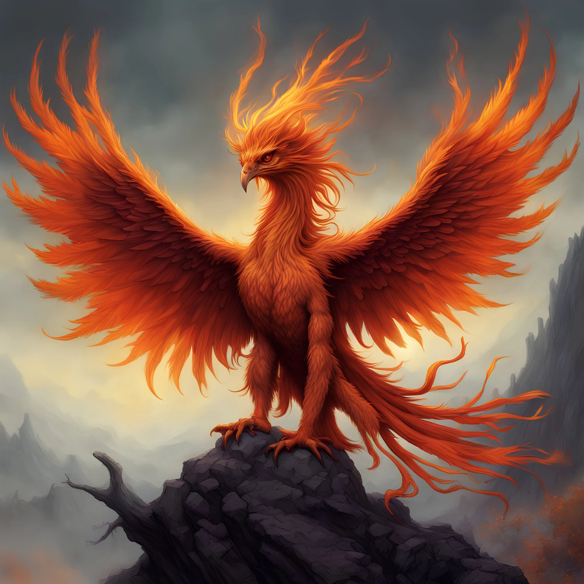 Mythical phoenix pet, fiery wings, by Michael Whelan and Brian Froud, by Gary Gygax, stunning ink illustration, majestic creature, 3d octane render, by Arthur Secunda, smooth, focused