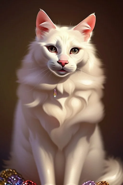 An adorable white smiling cat holding a basket of jewels and gems. His fur is realistic. The background is a romantic carpet bokeh digital painting extremely detailed studio lighting crisp quality and light reflections 8k cinematic lighting portrait photorealistic ultra detailed cinematic postprocessing focused