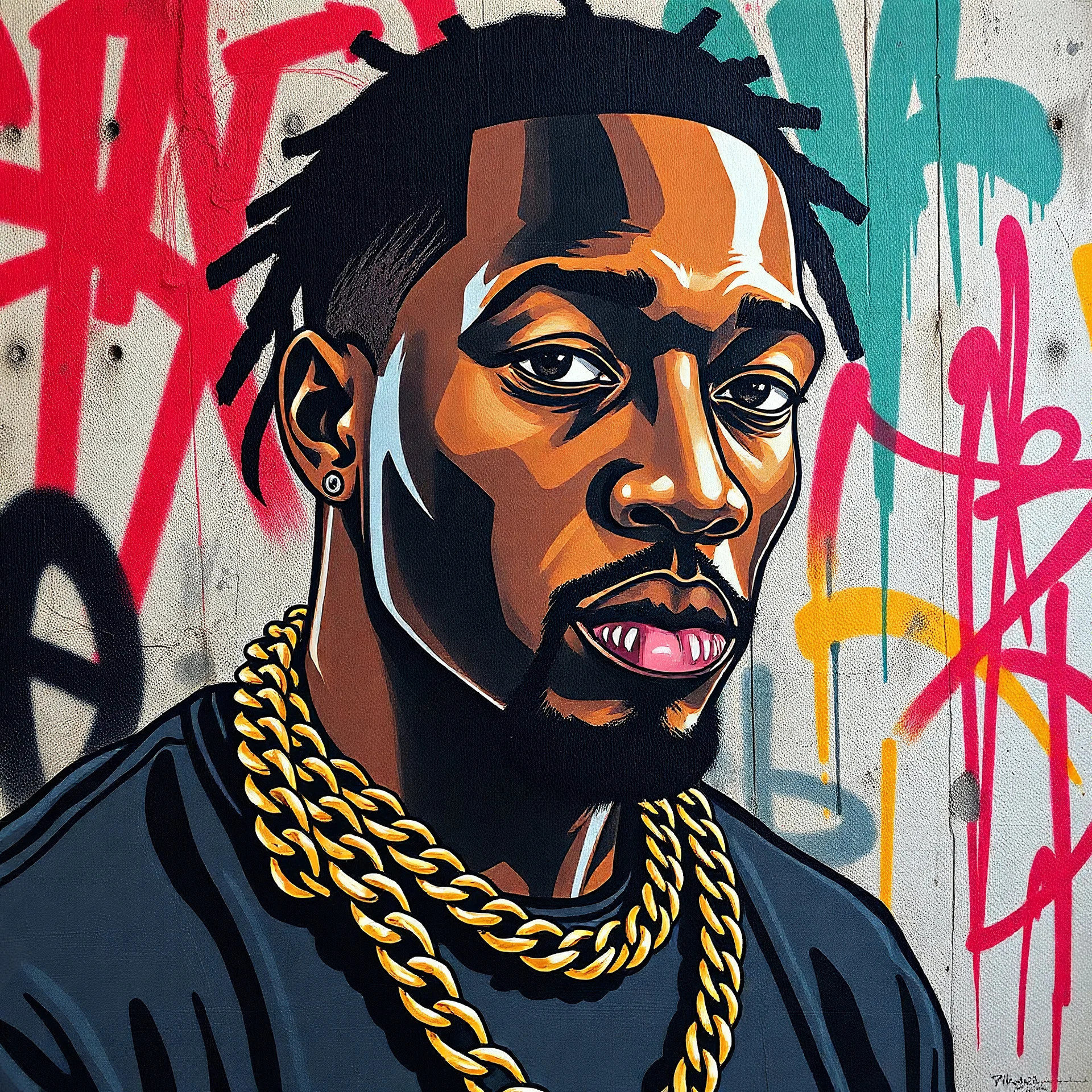 A black man wearing a gold chain, graffti art