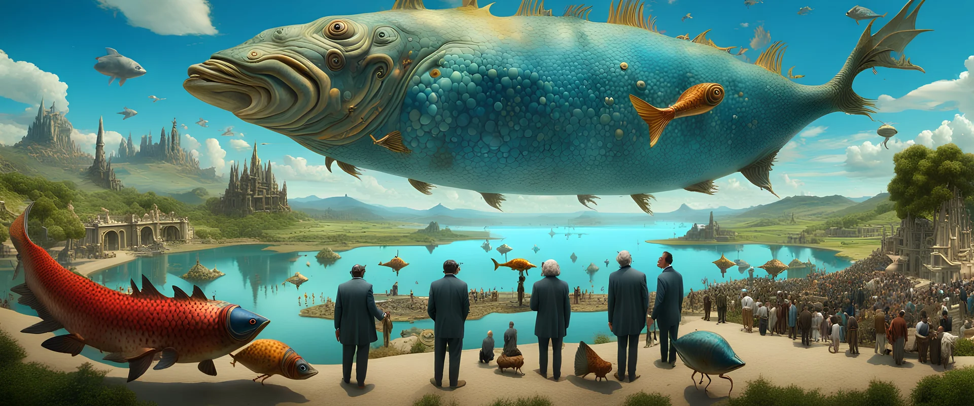 Mr Salvador Dali and Mr Hieronymus Bosch talking to each other at an outdoor surrealist market. A herd of dream-like sky-fish swim high in the far distance, with a beautiful surreal outdoor countryside summer scene with hills, waterfalls, and an intricate fractal sky, very high detail, photorealistic, epic cinematic, 8K, Large depth of field