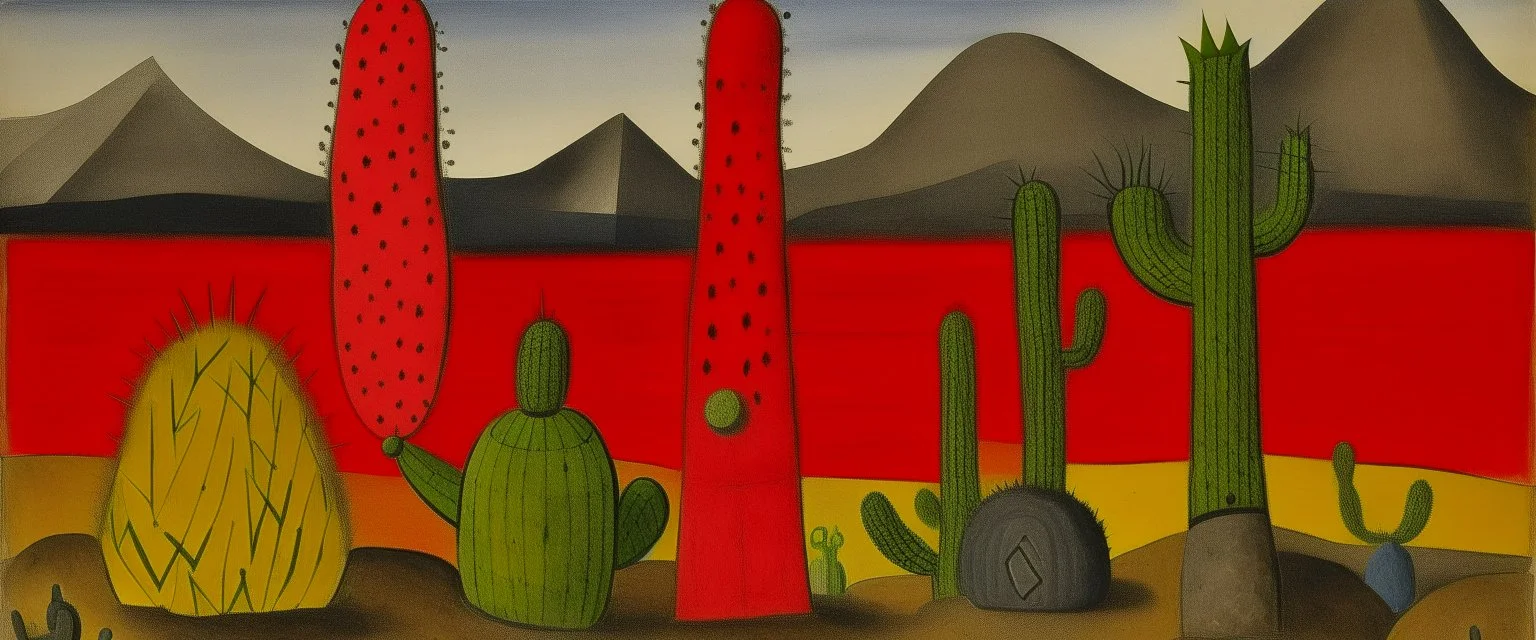 A red smoking badlands with scorching cacti painted by Paul Klee