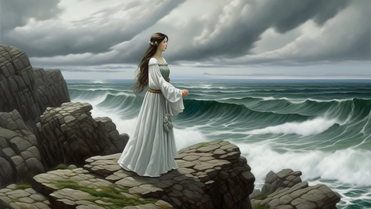 A woman in a traditional white dress with a patterned hem stands on a rocky shore, looking out at a vast, choppy sea under a dramatic, cloudy sky. The landscape is rendered in earthy tones with hints of green and blue, and scattered rocks dot the foreground and midground. The woman's long, dark hair flows in the wind, and she is adorned with necklaces and a headpiece. The overall mood is one of solitude and contemplation against a powerful natural backdrop.