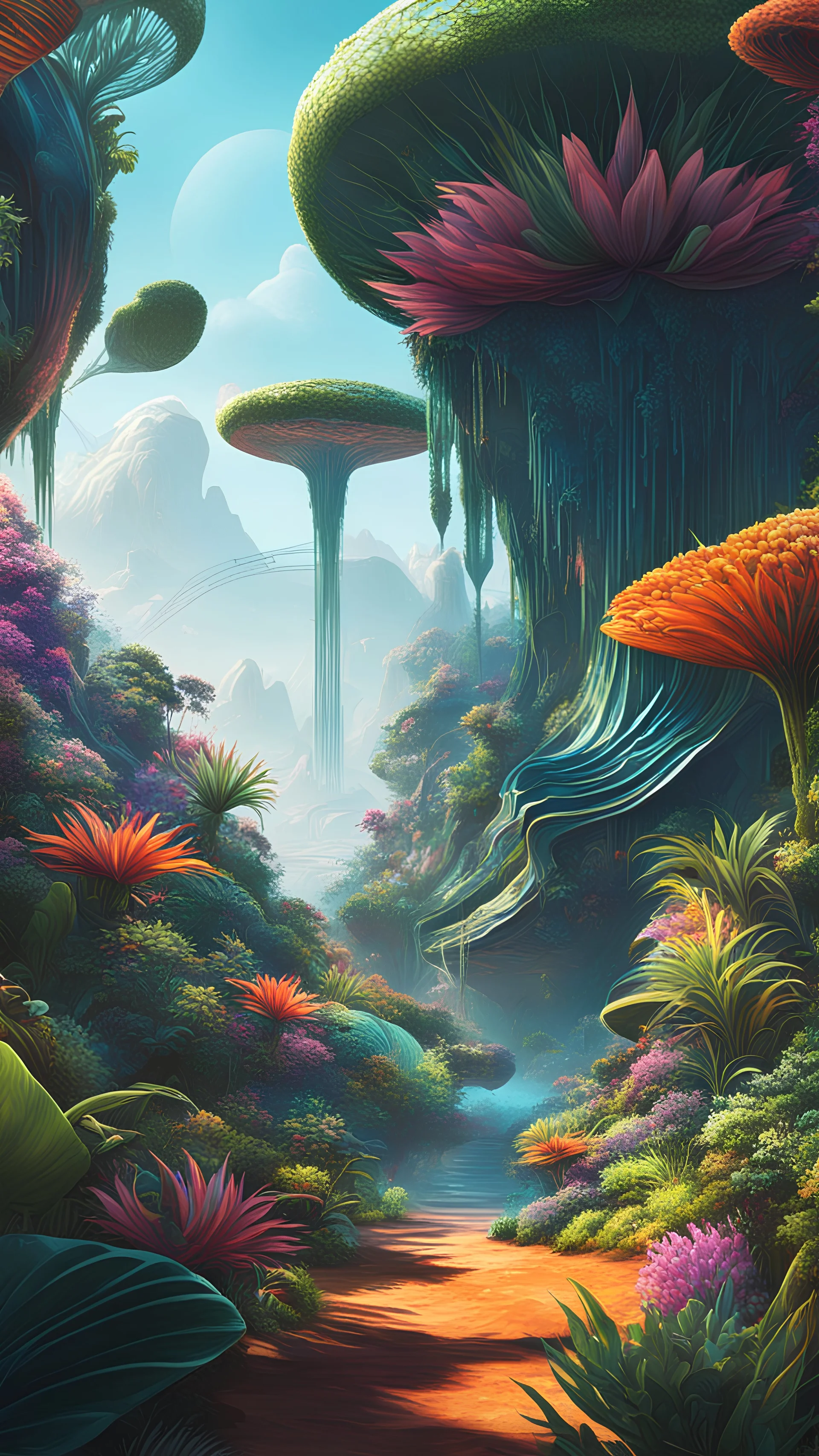 Illustrate an otherworldly botanist exploring a vibrant alien landscape filled with unique flora. Emphasize intricate details in the exotic plants and the character's advanced, futuristic equipment, 8k