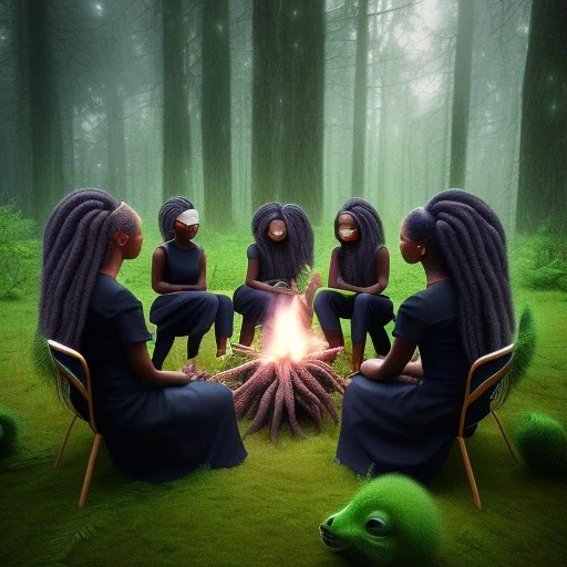 Octane render. Ultra realistic photo .a group of women.five young black women sitting around a fire. Black Sisters. Sitting and Standing together. the face of A young black woman. A wood nymph emerging from the forest. Her hair looks like vines. Dreadlocs. Her skin is the colour of dark soil. Her skin looks like tree bark. Her clothing is made of vines, grass and leaves.