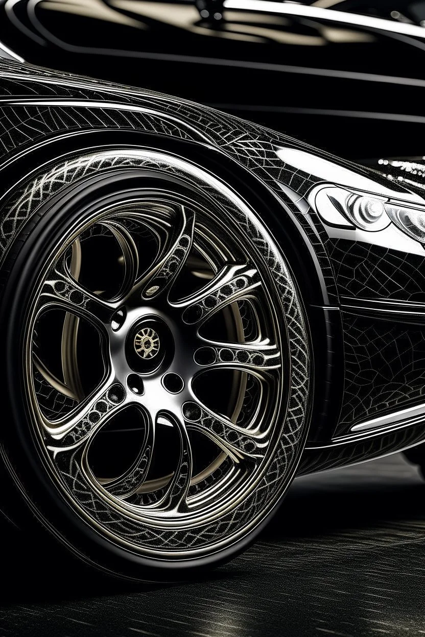 A luxurious black car race engraved with white gold wheels