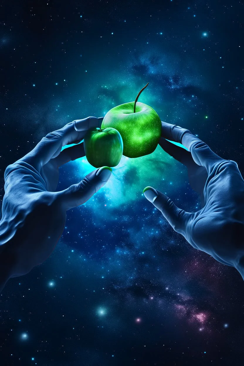 two aliens hands trying to grap an apple in the universe with stars in the background
