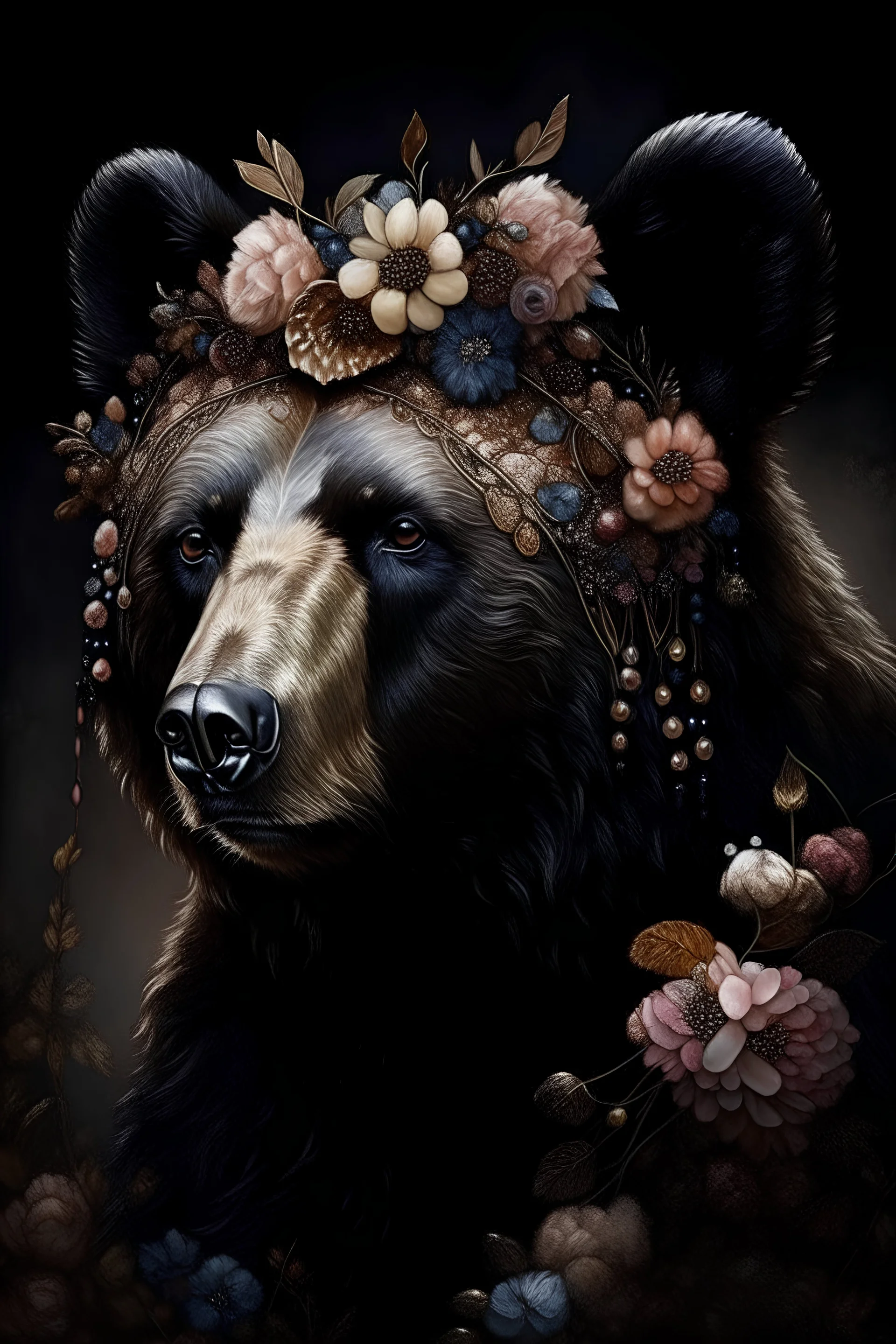 Beautiful black bear portrait, textured detailed fur adorned with rennaisance style white and black and Coppper, light beige brown gradient bioluminescence copper pearls, black berres, berries, strawberry, raspberry colour diamond, black lily flower floral, and black floral hát and black diamond headdress, golden dust florals, organic bio spinal ribbed detail of detailed creative renaissance style light white floral, moonlight background extremely detailed hyperrealistic maximálist concept art