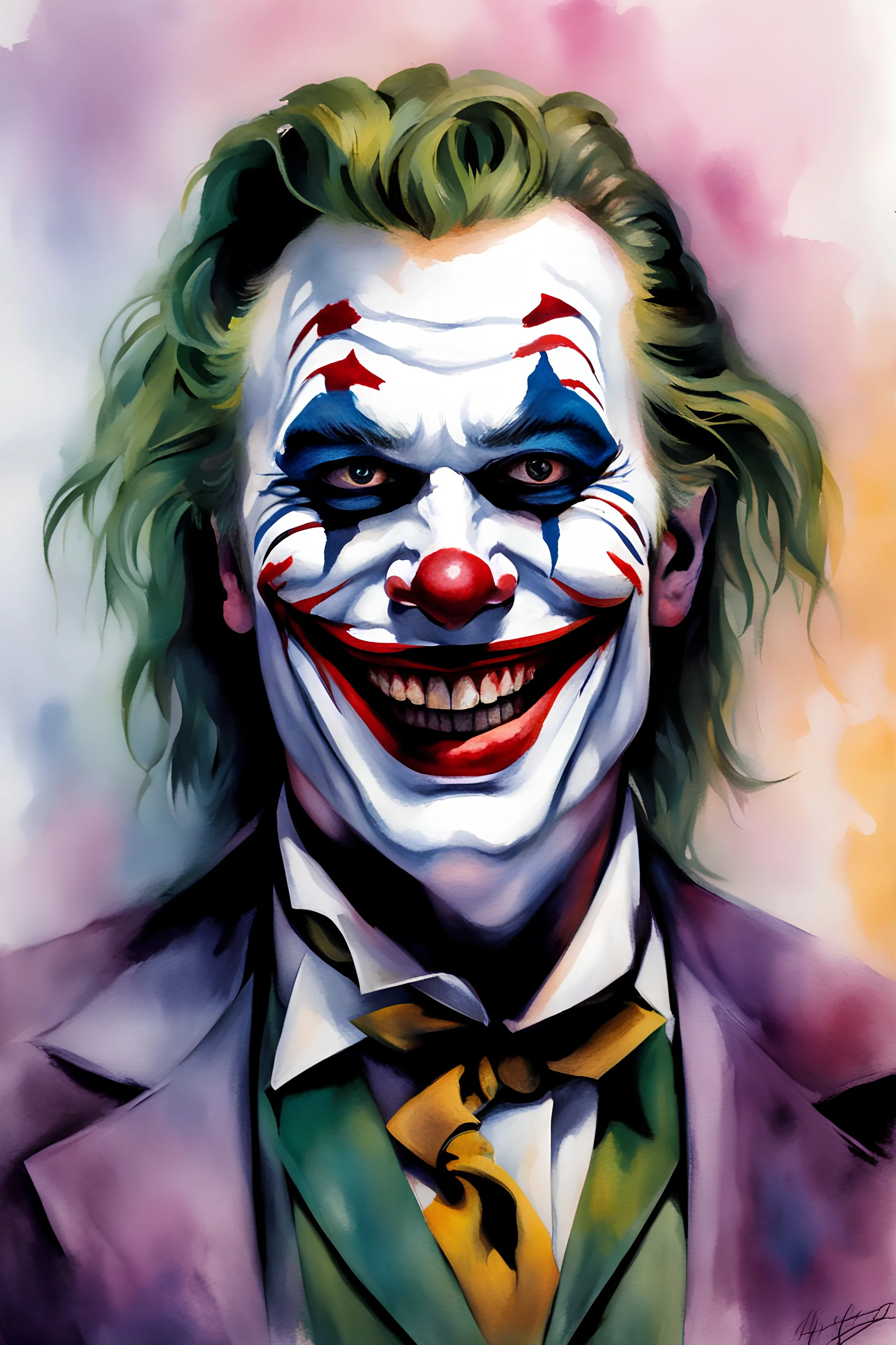 head and shoulders portrait, the Motley Crue Joker - well-shaped, perfect figure, perfect face, laughing, a multicolored, watercolor stained, wall in the background, oil painting in the art style of Frank Frazetta, 4k, 8k, 32k UHD, Hyper realistic, extremely colorful, vibrant, photorealistic, realistic, sharp, highly detailed, professional quality, beautiful, awesome, majestic, superb, trending on artstation, pleasing, lovely, Cinematic, gorgeous, Real, Life like, Highly detailed,