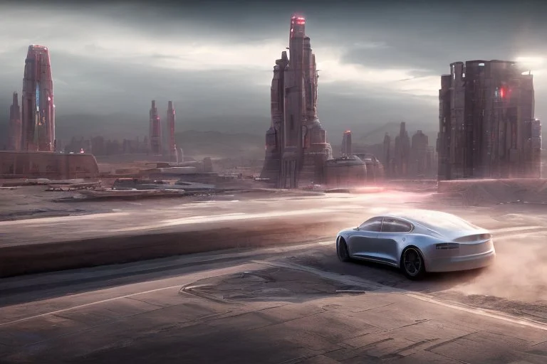 A Tesla 'Model Y' is drifting at top speed, in the 'Cloud City' of Bespin. CINEMATIC. WIDE ANGLE LENS. PHOTO REAL.
