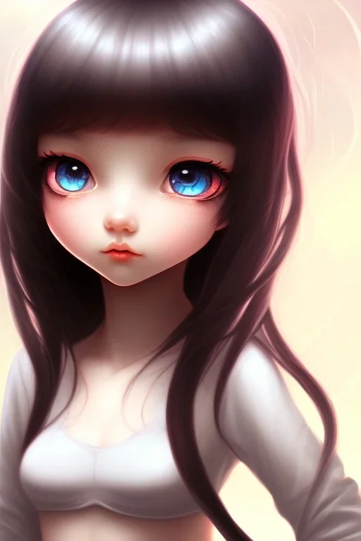 Loli, wholesome, innocent, long black hair, tilted head, brown eyes, close up