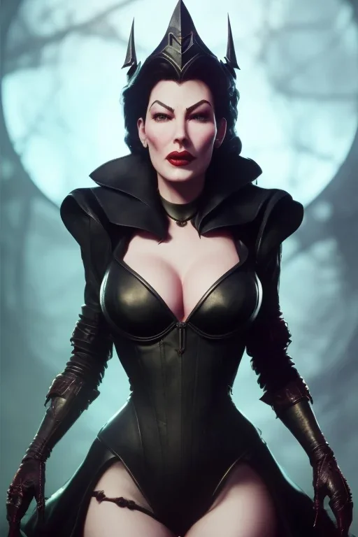 Ava Gardner as evil queen in black leather, busty, cleavage, curvy, angry, stern look. character design by cory loftis, fenghua zhong, ryohei hase, ismail inceoglu and ruan jia. unreal engine 5, artistic lighting, highly detailed, photorealistic, fantasy