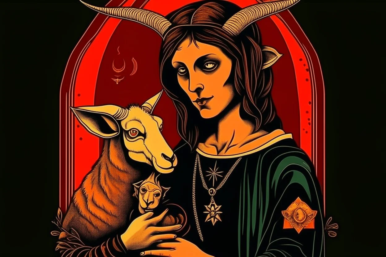 baphomet, attractive woman with head of a goat, holding a human baby, mary mother of jesus composition