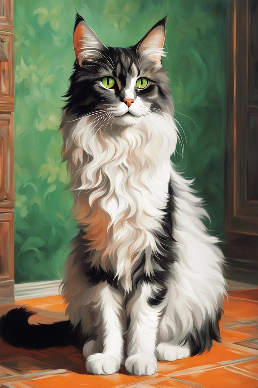 Retro art of a beautiful cat with long, wavy, thick hair, pointed ears, bright green eyes, orange, black and white colors, ultra quality, (((full body))), sitting on the floor