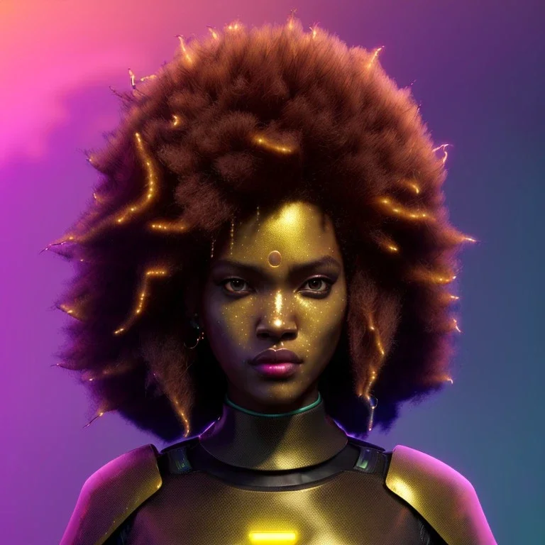 Pretty cyber woman, afro hair, sci-fi, rounded face, black, gold, brown, samurai style, retro, simetric, neon style, a lot of led lights, fog, rain, leather coat, vibrant color, highly detailed, art stations, concept art, smooth, unreal engine 5, god rays, ray tracing, RTX, lumen lighting, ultra detail, volumetric lighting, 3d, finely drawn, high definition, high resolution.