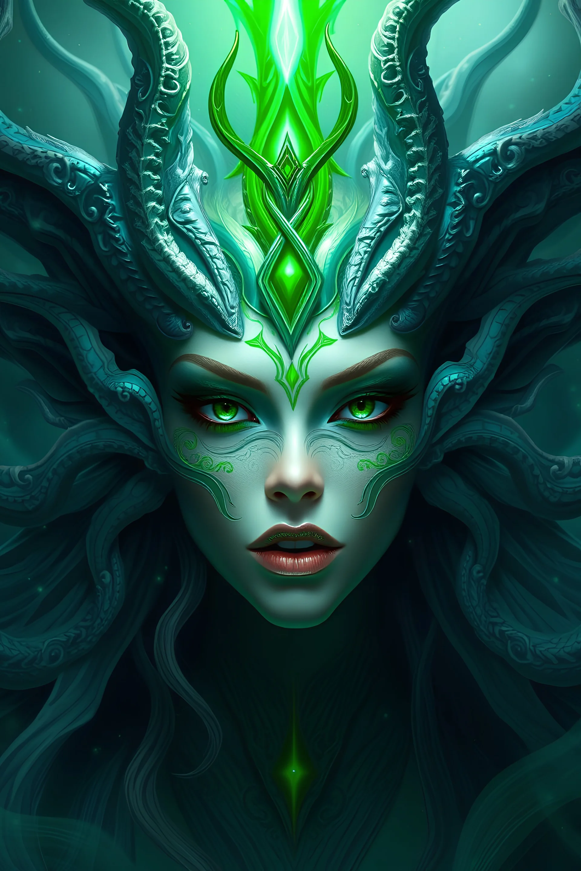 fantasy, ocean spirit, green goddess, aquatic, sea queen, ethereal, mystical, oceanic beauty, digital art, surreal portrait, marine creature, fantasy character, otherworldly, powerful presence, mythical being