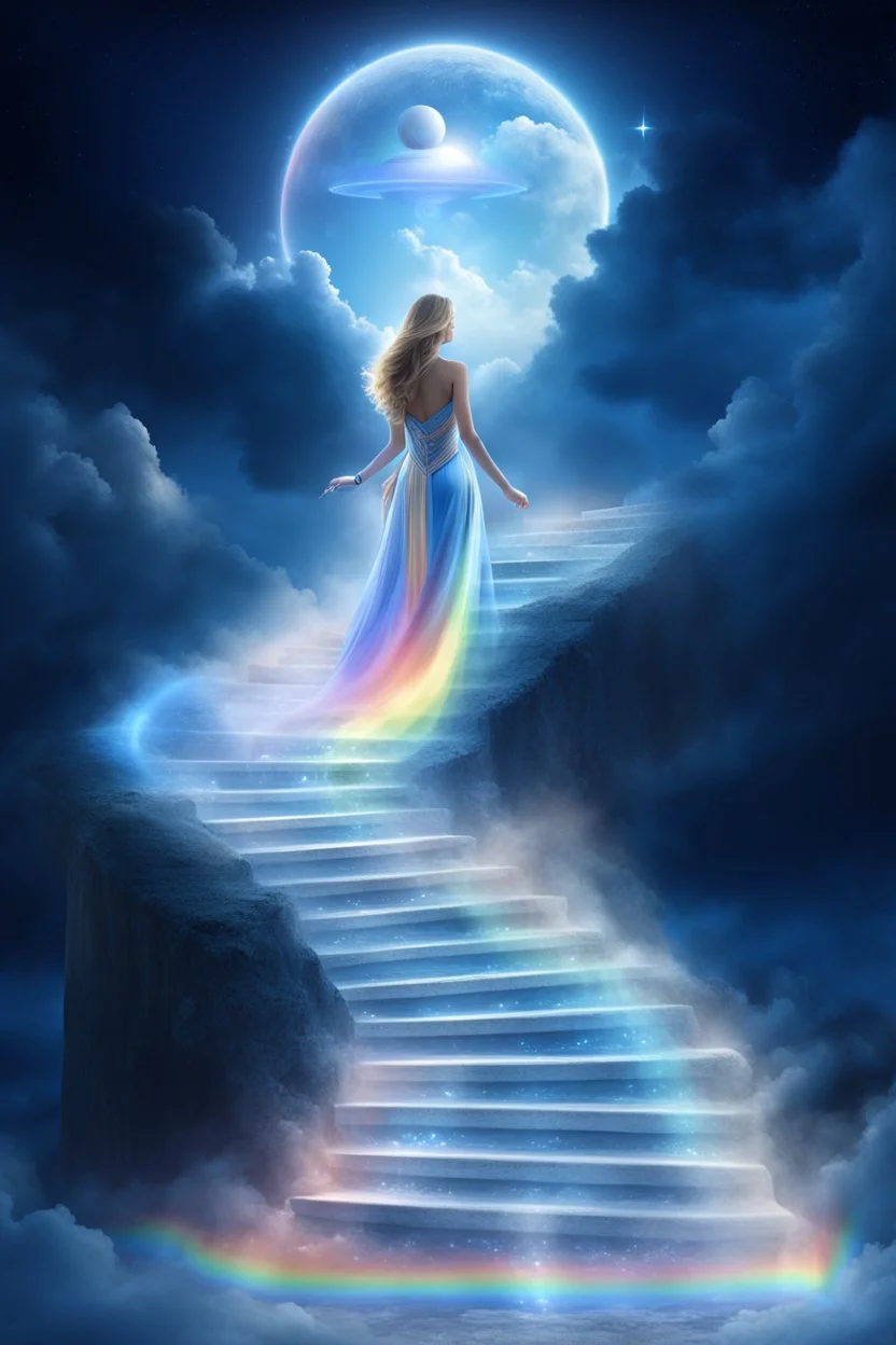 fantastic,Beautiful woman, stairway to heaven whit rainbow, ufos