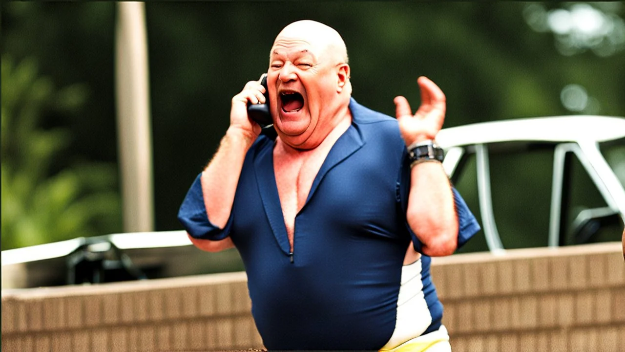 bald old fat guy in a halter top and panties yelling on the phone